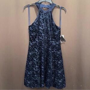 Elegant Navy Velvet Backless Fit & Flare Dress Winter Formal Christmas Wedding